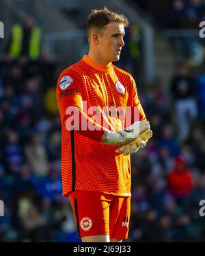 Larne goalkeeper Rohan Ferguson in action versus Linfield at Windsor Park. Stock Photo