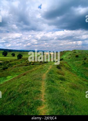 View NNW of Old Oswestry Iron Age hillfort, Shropshire, England, UK showing the sunken entrance passage at the SW cutting through the five ramparts. Stock Photo