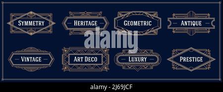 Art deco style line border and frames, decorative geometric golden label vector graphic elements on a dark background Stock Vector