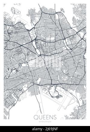 Detailed borough map of Queens New York city, monochrome vector poster ...