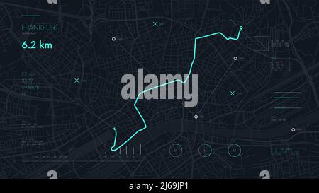 Futuristic navigate device dashboard GPS tracking map, Futuristic mapping technology route of city Frankfurt Stock Vector