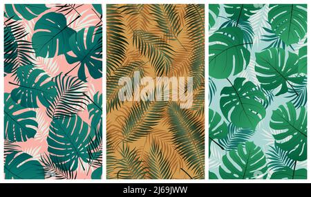Seamless tropical pattern with monstera leaves and palm tree branches, set of vector summer backgrounds Stock Vector