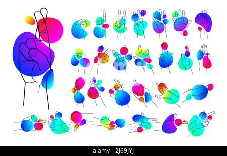 Set of outlines of human hands, movements and signs with fingers, on a background of gradient shapes isolated vector illustration Stock Vector