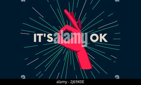 Gesture of a human hand against the background of the sunburst, movement of the fingers, motivating vector poster with the slogan It's Ok Stock Vector