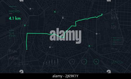 Futuristic travel GPS map or location navigator, navigate mapping technology and final destination on the streets of the city Madrid Stock Vector