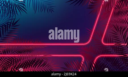 Neon laser rays among tropical leaves, futuristic cyberpunk background, modern lighting technology, vector illustration Stock Vector