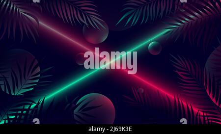 Bright neon rays of red and green, abstract cyberpunk background with illuminated soaring spheres among tropical leaves, vector futuristic illustratio Stock Vector