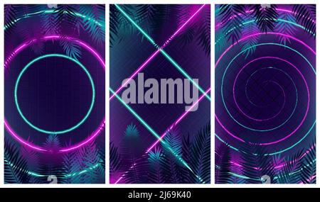 Set of futuristic abstract modern compositions with pink and turquoise neon rays, Hi-end multi colored led cyberpunk style on the background of tiles Stock Vector