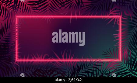 Red neon border, futuristic square frame, with dark gradient space, cyber design with tropical palm leaves Stock Vector