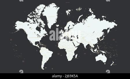 Detailed world map with country names and big cities, seas and oceans, light silhouette on a dark background, vector graphics Stock Vector
