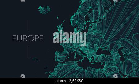 Polygonal map of the European continent with nodes linked by lines, vector global network concept poster, abstract illustration Stock Vector