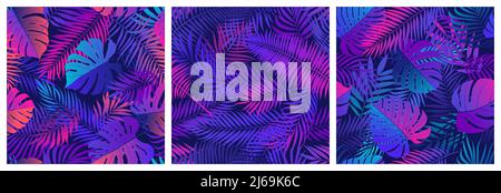Set of seamless patterns with tropical exotic leaves and plants, vector set in ultraviolet shades, with neon reflections of pink and blue colors Stock Vector