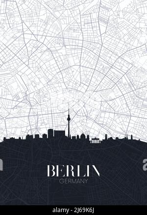 Skyline and city map of Berlin, detailed urban plan vector print poster Stock Vector