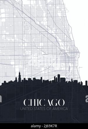 Skyline and city map of Chicago, detailed urban plan vector print poster Stock Vector