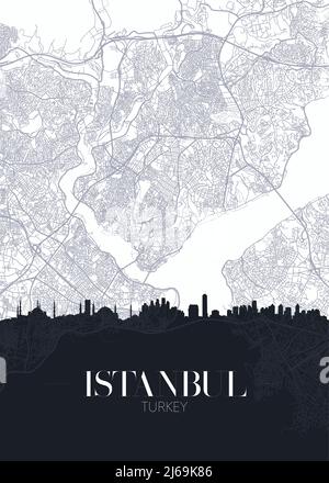 Skyline and city map of Istanbul, detailed urban plan vector print poster Stock Vector