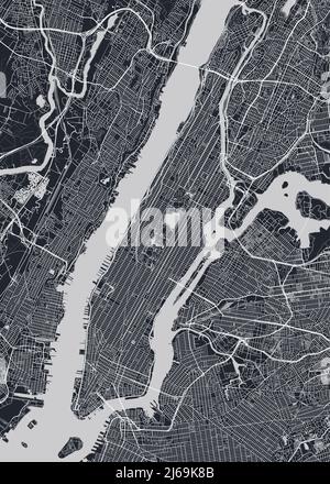 Detailed borough map of Manhattan New York city, monochrome vector poster or postcard city street plan aerial view Stock Vector
