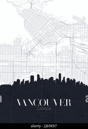 Skyline and city map of Vancouver, detailed urban plan vector print poster Stock Vector