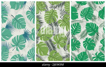 Trendy tropical seamless pattern with exotic jungle leaves monstera and palm trees, vector set of illustrations Stock Vector