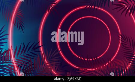 Modern futuristic Sci-Fi red neon lights, bright rays forming a circle on a blue-pink gradient background, vector illustration with branches of tropic Stock Vector