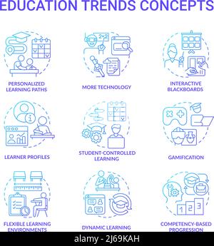 Education trends blue gradient concept icons set Stock Vector