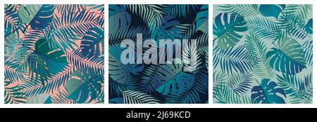 Set of seamless patterns with exotic green monstera leaves and palm branches, summer tropical backgrounds Stock Vector