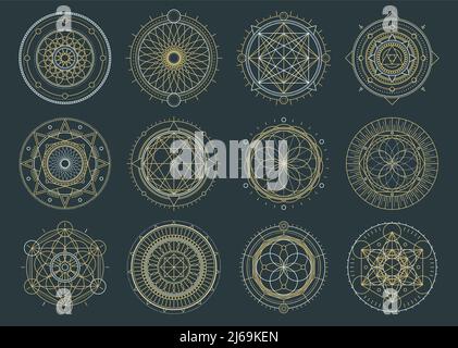 Vector set of sacred geometric figures, dreamcatcher and mystic symbols, alchemical and spiritual signs Stock Vector