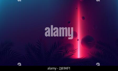 Futuristic allusion red neon ray, light reflex on spheres, vector background with empty space with tropical plants Stock Vector