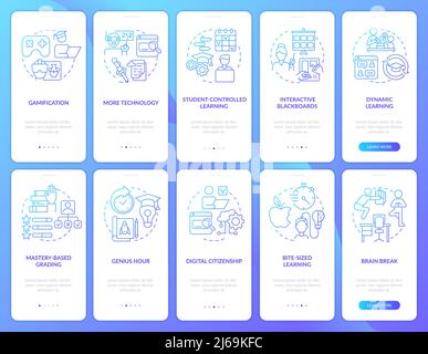 Education trends blue gradient onboarding mobile app screen set Stock Vector