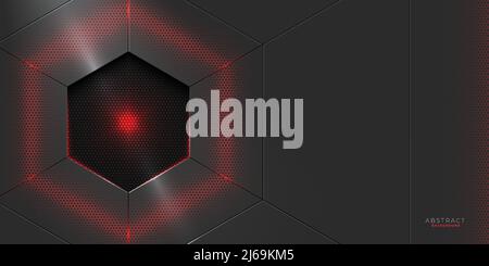 Abstract metal hexagonal hole shape background with red glowing effect Stock Vector