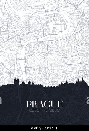 Skyline and city map of Prague, detailed urban plan vector print poster Stock Vector