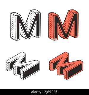 Isometric letter m doodle vector illustration on white background. Stylized letters clip art. Stock Vector