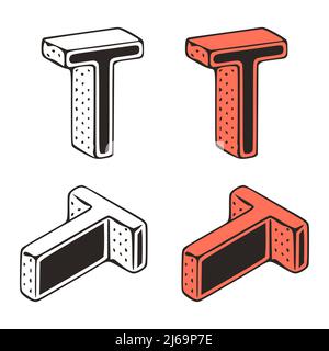 Isometric letter t doodle vector illustration on white background. Stylized letters clip art. Stock Vector