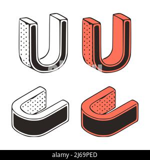 Isometric letter u doodle vector illustration on white background. Stylized letters clip art. Stock Vector