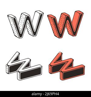 Isometric letter w doodle vector illustration on white background. Stylized letters clip art. Stock Vector