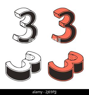 Isometric number 3 doodle vector illustration on white background. Stylized number zero clip art. Stock Vector