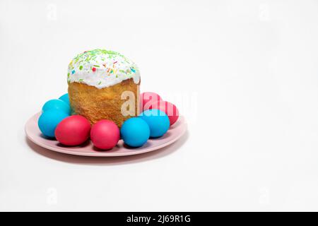 Easter cake and painted eggs on a white background, copy the place for the text Stock Photo
