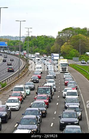 Somerset, UK. 29th Apr, 2022. On a mild late Friday evening a rush to make for the motorways for Bank holiday weekend, sees very Heavy Traffic at a standstill Gordano Services North Somerset. Credit: Robert Timoney/Alamy Live News Stock Photo