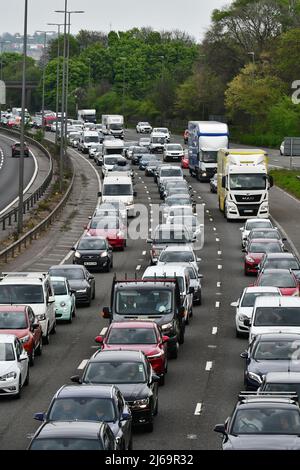 Somerset, UK. 29th Apr, 2022. On a mild late Friday evening a rush to make for the motorways for Bank holiday weekend, sees very Heavy Traffic at a standstill Gordano Services North Somerset. Credit: Robert Timoney/Alamy Live News Stock Photo