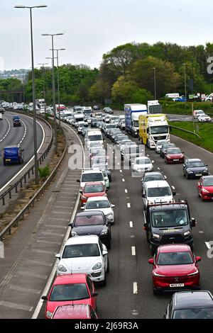 Somerset, UK. 29th Apr, 2022. On a mild late Friday evening a rush to make for the motorways for Bank holiday weekend, sees very Heavy Traffic at a standstill Gordano Services North Somerset. Credit: Robert Timoney/Alamy Live News Stock Photo