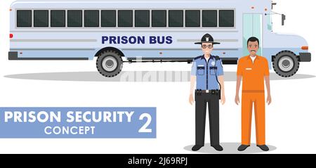 Detailed illustration of prison bus, police guard and prisoner on white background in flat style. Stock Vector