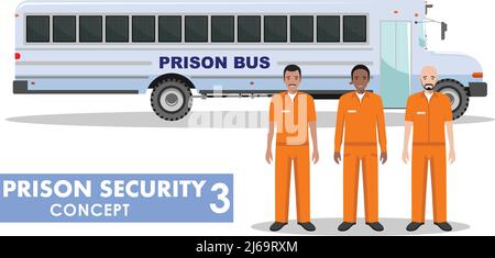 Detailed illustration of prison bus and prisoners on white background in flat style. Stock Vector