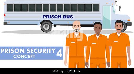Detailed illustration of prison bus and prisoners on white background in flat style. Stock Vector
