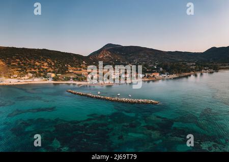 Katelios village harbor, sunrise from the air, Kefalonia, Greece Stock Photo