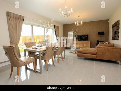 Dining room with sofa and living area, open plan dining living kitchen. Stock Photo