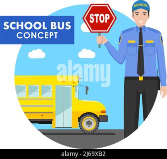 Detailed illustration of classic yellow school bus and driver in flat style Stock Vector