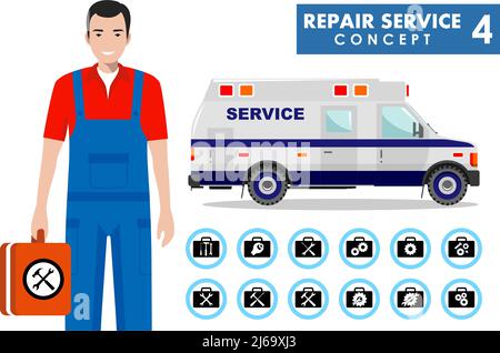 Repair service concept. Detailed illustration of master repairer and service car in flat style. Icons set: wrench, screwdriver, hammer, screw, nut, bo Stock Vector