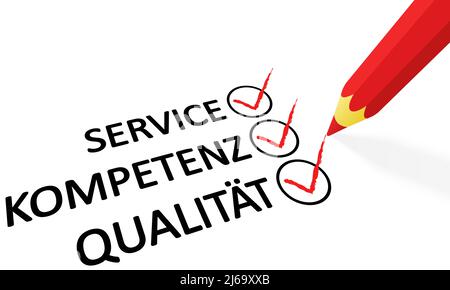 red pencil drawing hook and text service competence quality (in german) Stock Vector