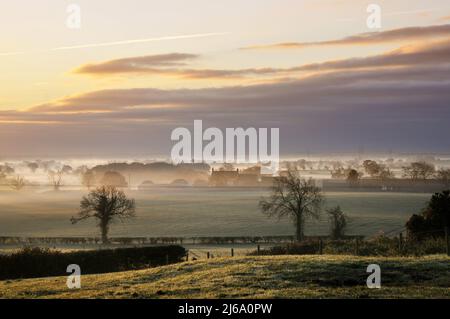 Early morning mist in the Vale of York at Crayke North Yorkshire Stock Photo