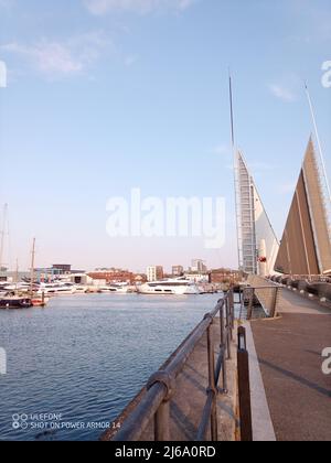 the Twin Sails bridge in Poole in the raised position to allow boats through Stock Photo