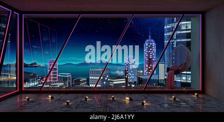 Futuristic night interior with big window on the city Stock Photo